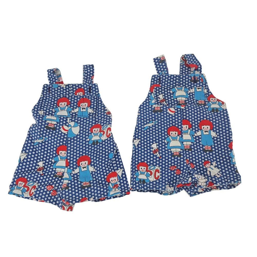 Vintage 70s Raggedy Anne Doll Print Overall Bib Shortalls Baby Girl Twins 18 mo